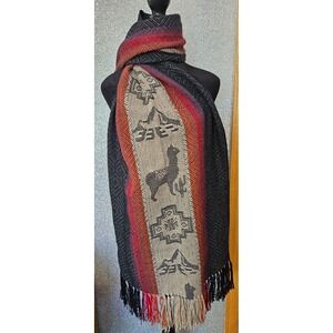Andean Alpaca Motif Woven Shawl Wrap Reversible Geometric Fringe Scarf 60" x 28"